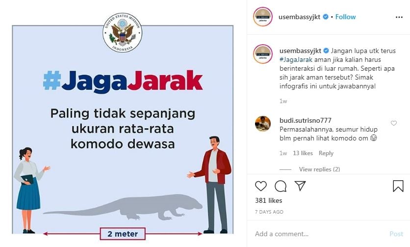 Kedubes AS imbau jaga jarak pakai perumpamaan komodo (Instagram/usembassyjkt)