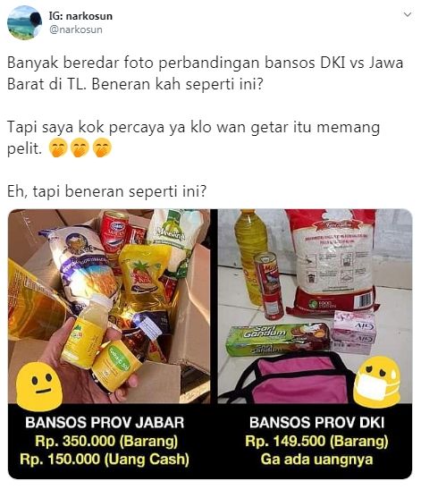 Warganet bandingkan bantuan dari Jabar dan Jakarta (Twitter/narkosun)