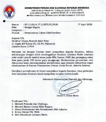 A letter from the Ministry of Youth and Sports about the funeral process for the late Lukman Niode. [Dok. Kemenpora]