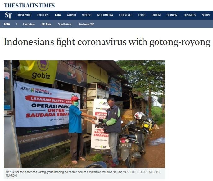 Gotong royongnya warga Indonesia jadi headline di laman The Strait Times.