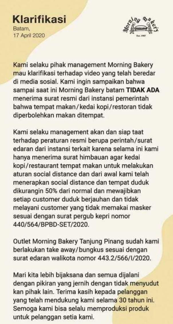 Klarifikasi Morning Bakery. (Instagram)