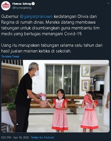 Dua bocah di Semarang sumbangkan celengan untuk tenaga medis. (Twitter/@humasjateng)