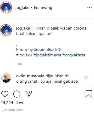 Seorang netizen menyebut adanya pandemi virus corona membuatnya terselamatkan. [@jogjaku / Instagram]