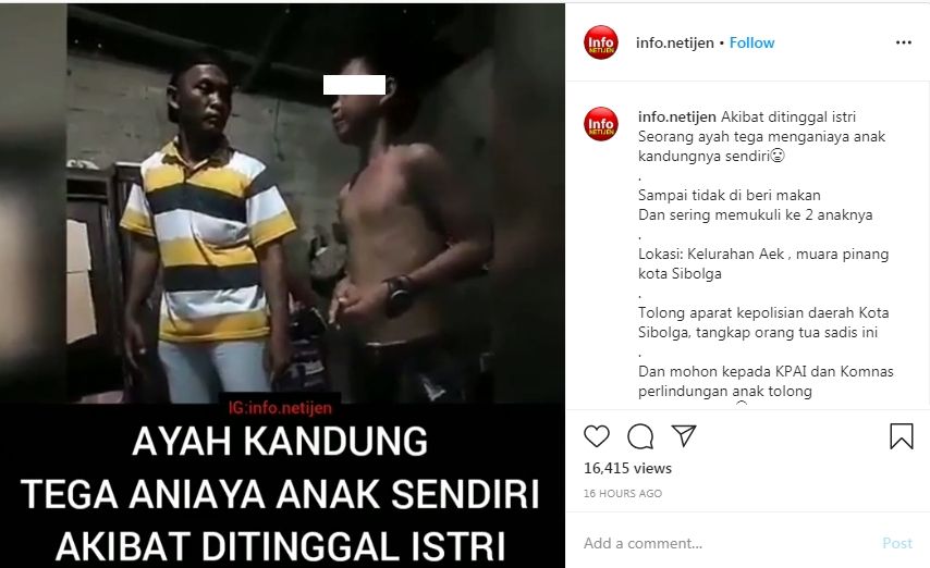 Anak dianiaya bapak kandungnya di Sibolga, Sumut (Instagram.info.netijen)