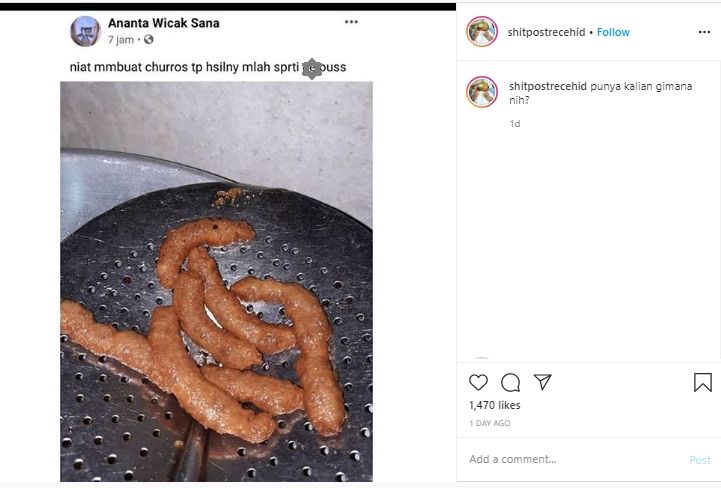 Jijik Sekaligus Ngakak, Churros Buatan Netizen Ini Mirip Kotoran Kucing. (Instagram/@shitpostrecehid)