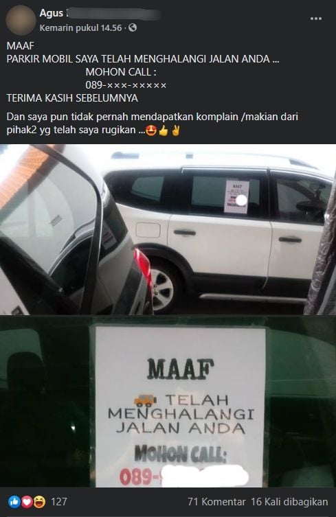 Trik jitu agar tak kena omelan saat parkir di pinggir jalan sempit. (Facebook/Agus)