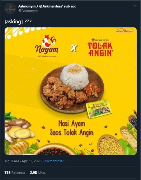  Viral Nasi Ayam Saus Tolak Angin, Netizen: Kaum Macam Apa Lagi Ini?  (Twitter/@Asknonym)
