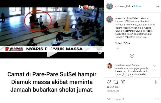 Camat diamuk massa karena bubarkan salat Jumat (Instagram).