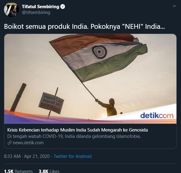 Corona Memicu Islamofobia di India, Tifatul Sembiring: Boikot Produknya! (twitter.com/tifsembiring)