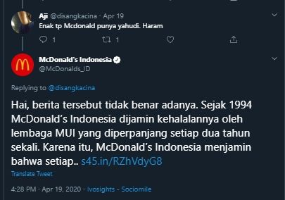 Netizen Sebut McDonalds Haram, Begini Balasan Menohok dari Pihak Restoran. (Twitter/@disangkacina)