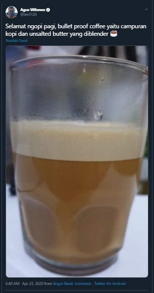  Nggak Kalah Hits dari Dalgona, Kepala BNPB Pamer Minum Bullet Proof Coffee. (Twitter/@aw3126)