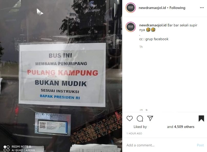 Bus ini viral karena angkut penumpang pulang kampung. (Instagram)