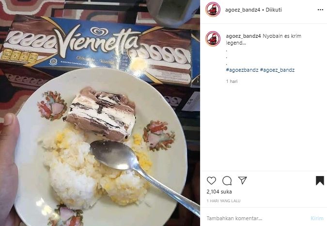 Viral Orang Makan Es Krim Viennetta Pakai Nasi, Netizen: Sekte Apa Lagi Ini. (Instagram/@agoez_bandz4)