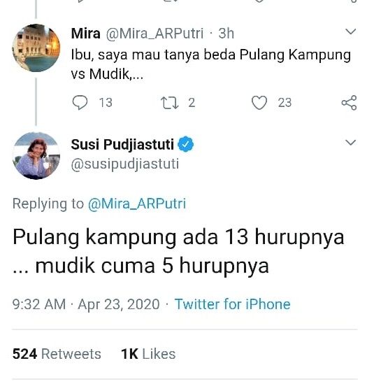 Mantan Menteri KKP menjelaskan perbedaan antara mudik vs pulang kampung - topik yang jadi sorotan setelah dibahas dalam talk show antara Presiden Jokowi dan Najwa Shihab pada Rabu malam (23/4/2020). [Twitter/susipudjiastuti]