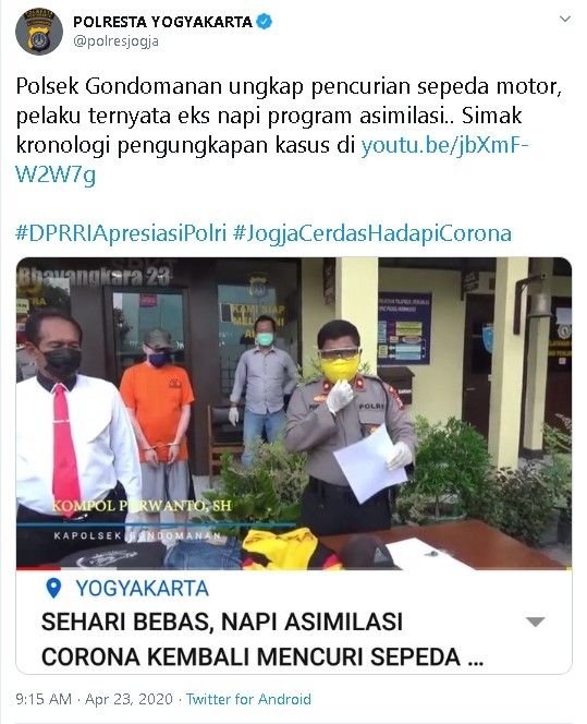 Napi asimilasi corona kembali berulah - (Twitter/@polresjogja)