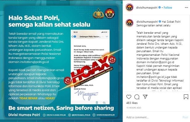 Klarifikasi Humas Polri soal pesan hoaks layanan pemburu preman (Instagram).