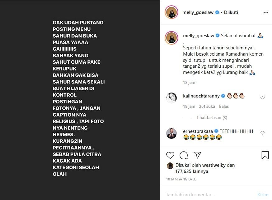 Unggahan Melly Goeslaw [Instagram]