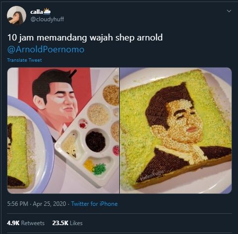 Viral, Netizen Ini Gambar Wajah Chef Arnold Pakai Meises di Atas Roti Tawar. (Twitter/@cloudyhuff)