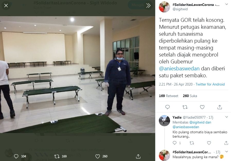 Sidak PSI temukan Tunawisma di GOR Karet Tengsin dipulangkan (Twitter/sigitwid)