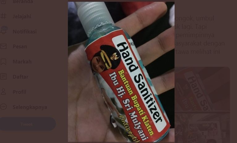 Hand sanitizer dengan stiker foto wajah Bupati Klaten Sri Mulyani (ist)