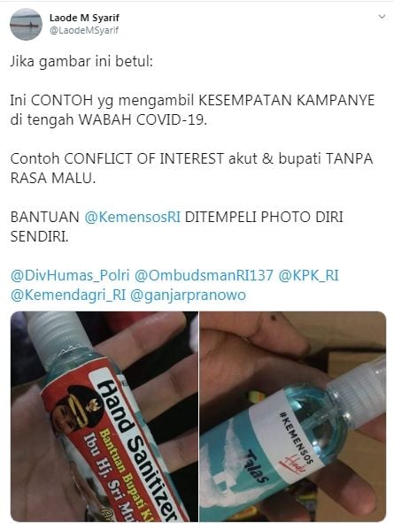 Cuitan Laode M Syarif soal hand sanitizer berstiker Bupati Klaten (Twitter/laodemsyarif)