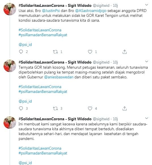 Sidak PSI temukan Tunawisma di GOR Karet Tengsin dipulangkan (Twitter/sigitwid)