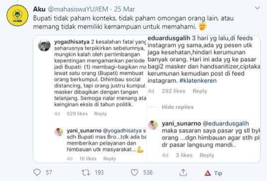 Komentar Bupati Klaten (Twitter).