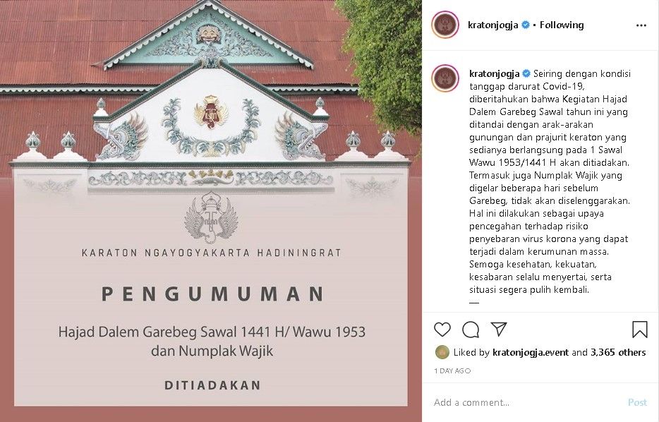 Keraton Jogja tiadakan Grebeg Syawal di Idulfitri 2020/1441 H - (Instagram/@kratonjogja)