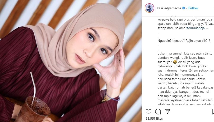 Unggahan Zaskia Mecca tentang rahasia selalu tampil cantik selama di rumah aja. [@zaskiadyamecca / Instagram]