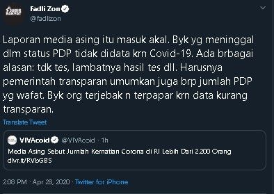 Cuitan Fadli Zon soal klaim media asing tentang jumlah kematian virus corona. (Twitter/@fadlizon)