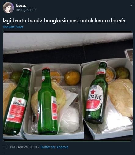  Duh, Beredar Foto Nasi Kotak Berisi Bir, Netizen: Nggak Ada Akhlak Nih. (Twitter/@bagasadnan)