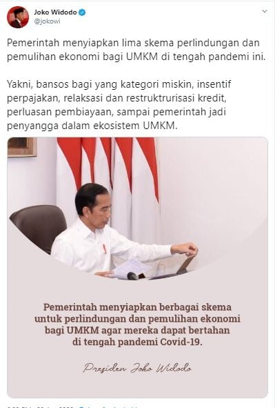 Cuitan Jokowi soal bantuan untuk UMKM selama pandemi (Twitter).