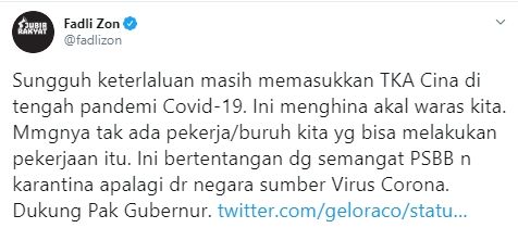 Cuitan Fadli Zon (Twitter).