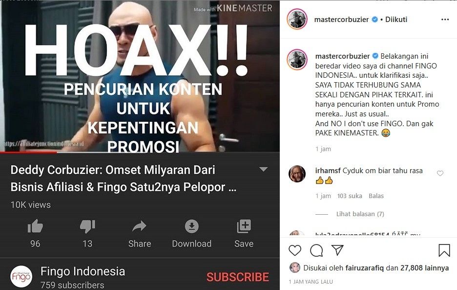 Konten YouTube Deddy Corbuzier dicuri pihak tak bertanggung jawab. [Instagram]