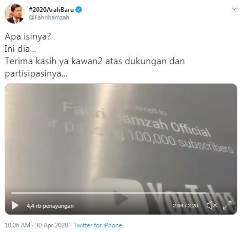 Fahri Hamzah dapat Silver Play Button dari YouTube (Twitter/fahrihamzah)