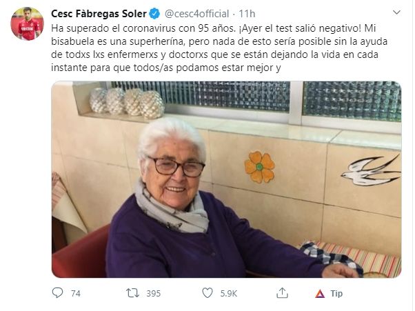 Nenek Cesc Fabregas sembuh dari virus corona. (Twitter/@cesc4official).