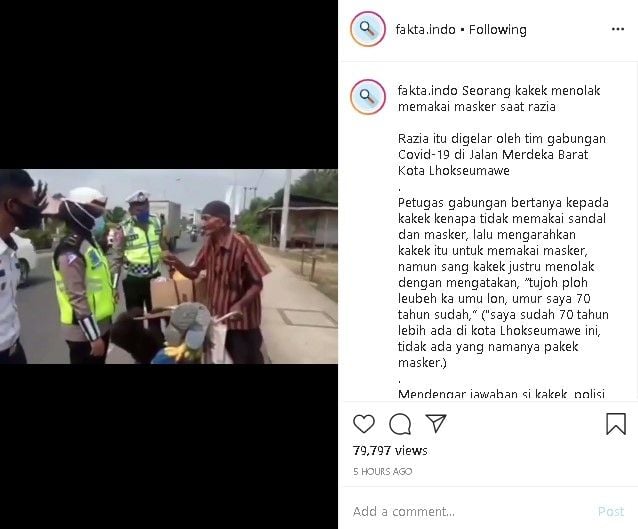 Kakek-kakek kena razia karena tidak memakai masker. (Instagram/@fakta.indo)