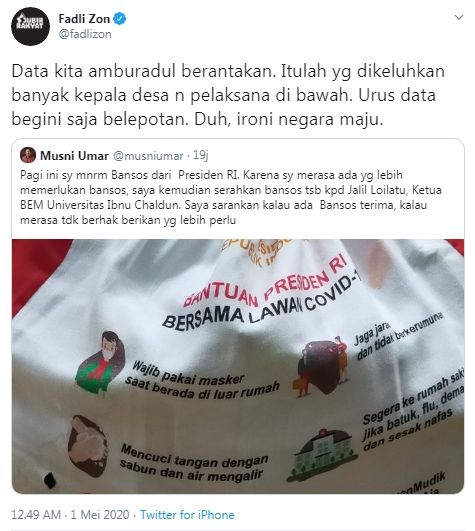 Fadli Zon sindir pemerintah mengenai data penerima bansos Covid-19 (Twitter/fadlizon)