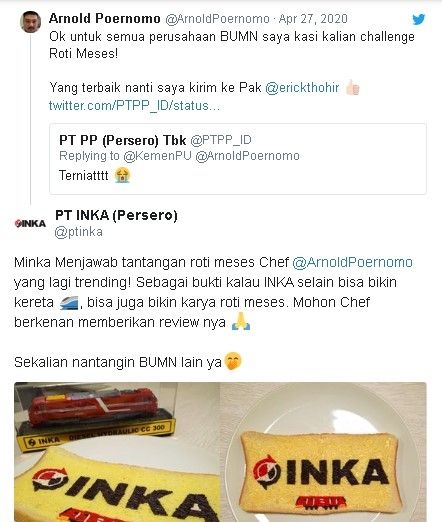 PT INKA jawab tantangan Chef Arnold bikin roti meses. (Twitter)