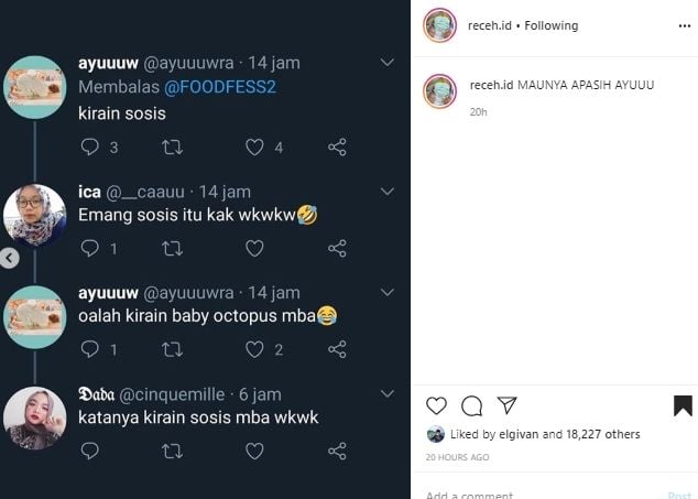Komentari Sosis Goreng Mirip Alien, Wanita Ini Malah Bikin Netizen Bingung/ (Instagram/@receh.id)