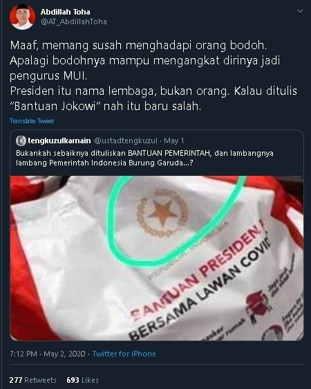 Abdillah Toha tanggapi cuitan Tengku Zul soal tas sembako Jokowi. (Twitter/@AT_AbdillahToha)