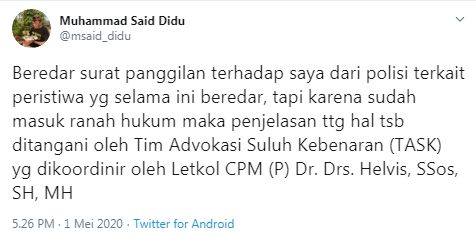 Said Didu tunjuk Letkol (Purn) Helvis jadi kuasa hukumnya (Twitter/msaid_didu)