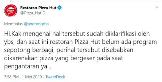 Klarifikasi pihak gerai soal pizza hilang sepotong (Twitter).