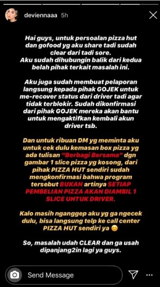 Klarifikasi kasus pizza hilang sepotong (Instagram).