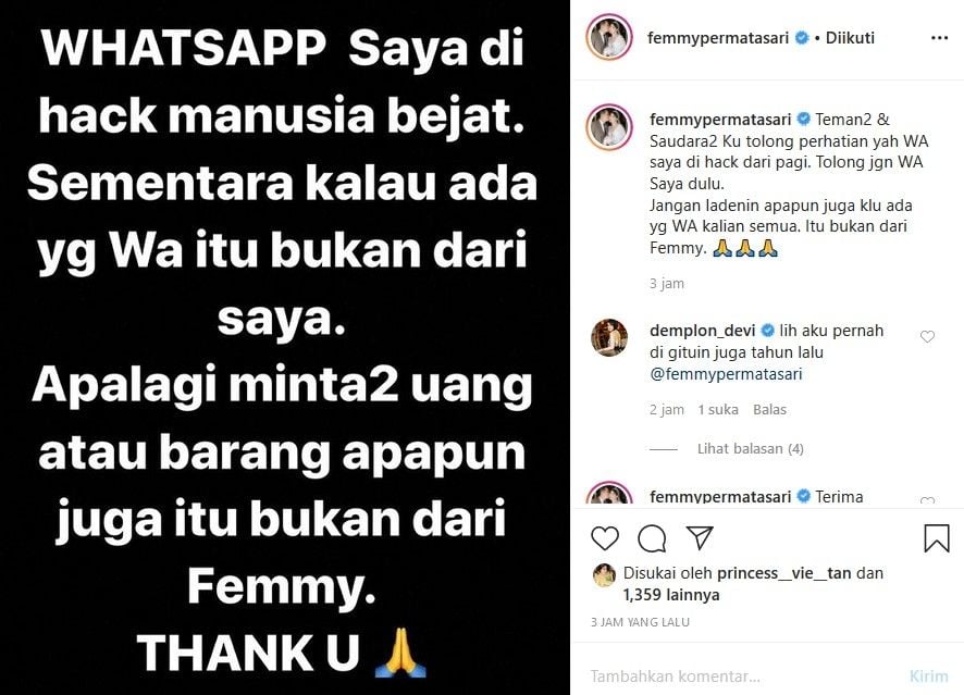 Femmy Permatasari curhat WhatsApp-nya diretas orang tak bertanggung jawab. [Instagram]