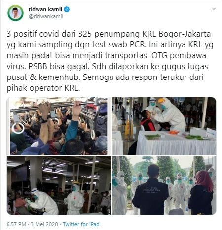 Ridwan Kamil soal tiga orang penumpang KRL Bogor positif corona (Twitter).