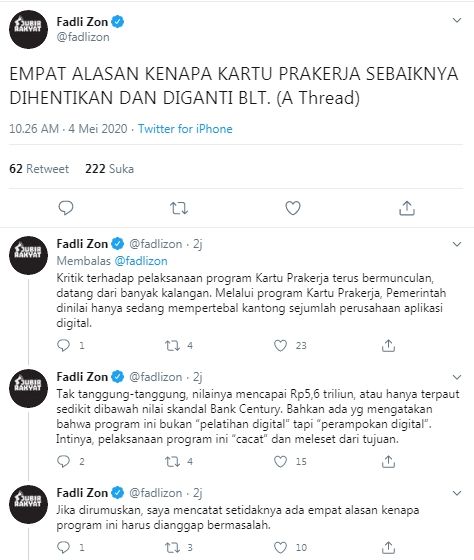 Fadli Zon desak program Kartu Prakerja dihentikan (Twitter/fadlizon)