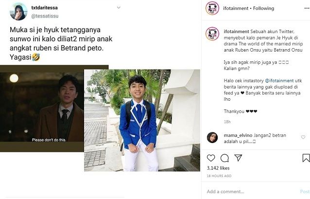 Betrand Peto dibilang mirip Kim Young Min [Instagram/ifotainment]