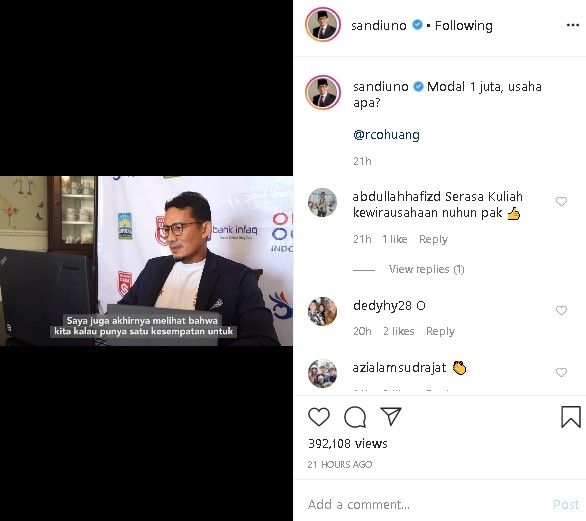 Sandiaga Uno bagikan tips berwirausaha. (Instagram/@sandiuno)