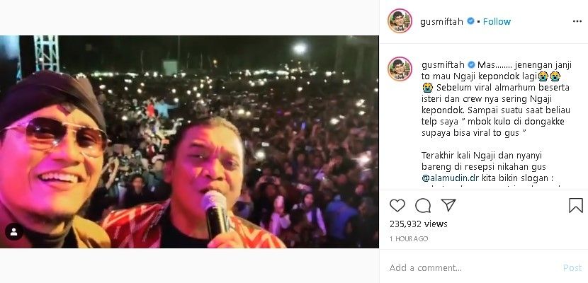 Gus Miftah membagikan kenangannya bersama Didi Kempot. (Instagram/@gusmiftah)